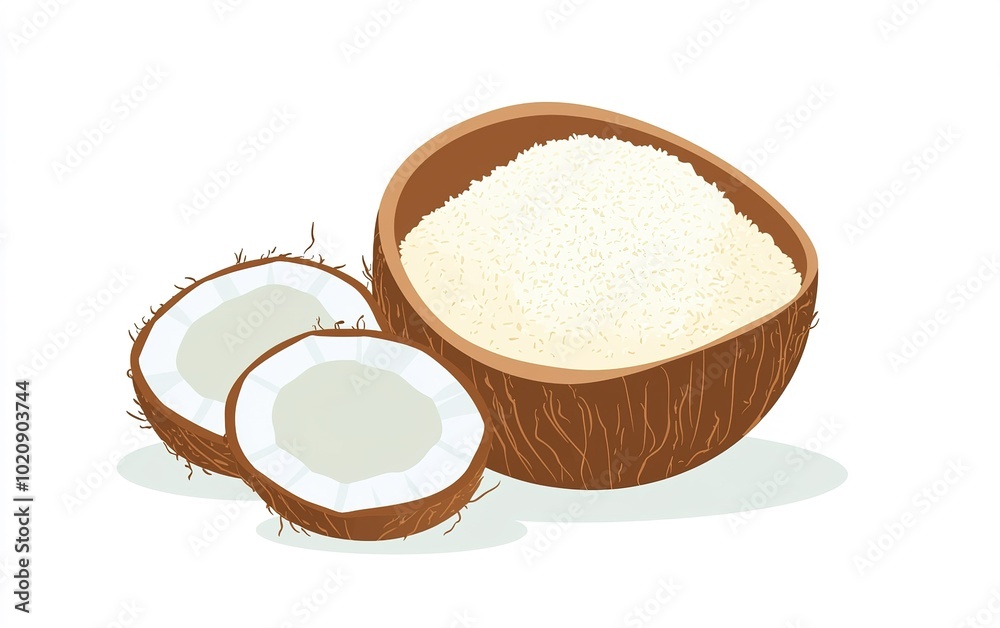 Coconut halves and bowl filled with grated coconut placed neatly on a white background against a simple, clean setting Coconut halves and bowl filled with grated coconut placed neatly on a white background against a simple, clean setting
