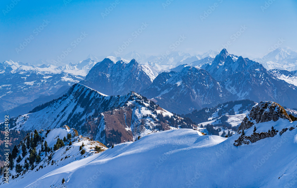 View on winter mpuntains from Rochers-de-Naye peak, Montreux, Alps.