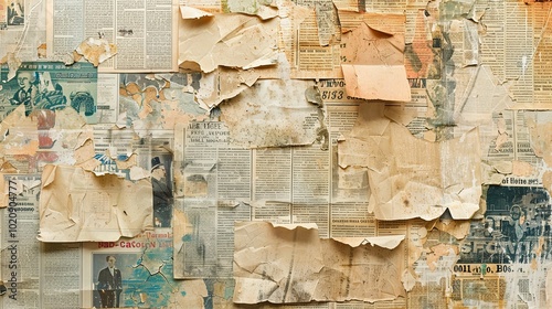 A Wall Covered in Layers of Faded and Torn Newspaper Articles photo