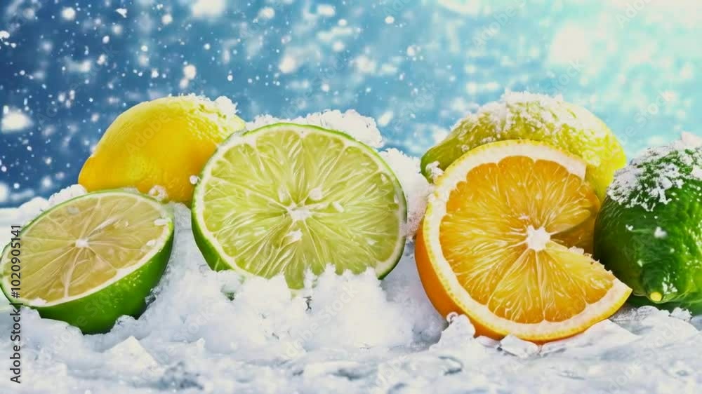 Fresh citrus fruits on ice with a snowy background, evoking a refreshing winter vibe.