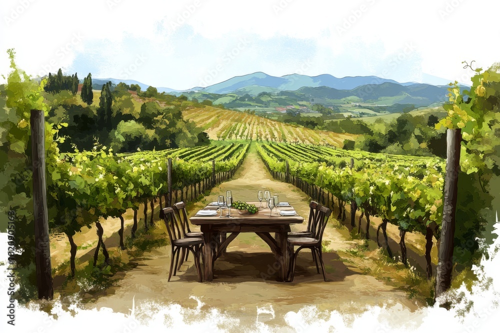 Serene Vineyard with Lush Grapevines Scene Serene Vineyard with Lush Grapevines Scene