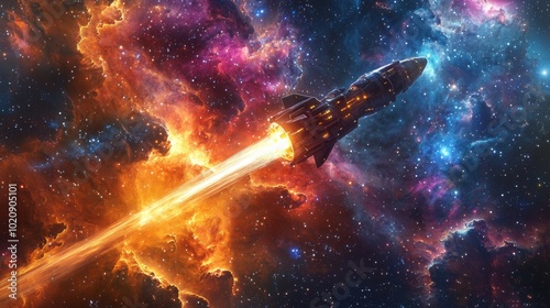 A spaceship traveling through a colorful nebula, leaving trails of light behind