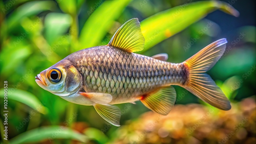 Fry of barb fish Pethia Conchonius in aquarium tank with plants, selective focus, shallow depth of field Fry of barb fish Pethia Conchonius in aquarium tank with plants, selective focus, shallow depth of field