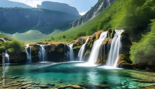 Tranquil cascading waterfalls flow into a crystal-clear pool surrounded by lush green mountains