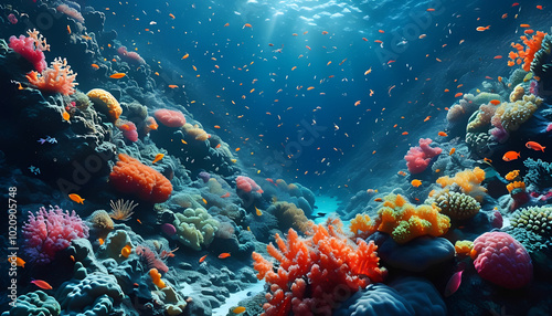 Vibrant coral reef teeming with colorful fish and sunbeams photo