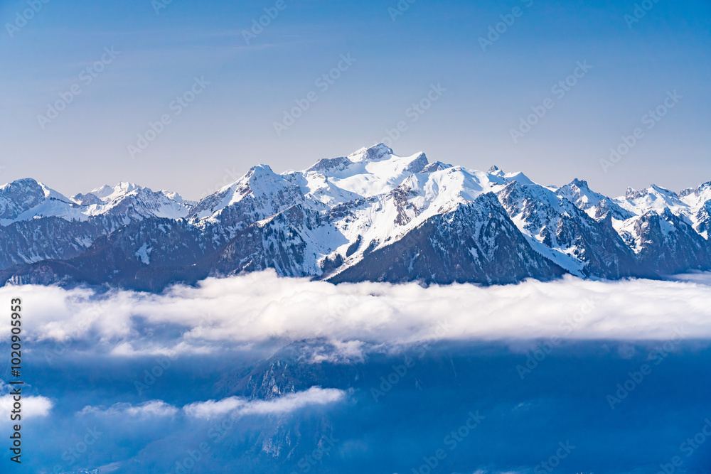 Obraz premium View on winter mpuntains from Rochers-de-Naye peak, Montreux, Alps.