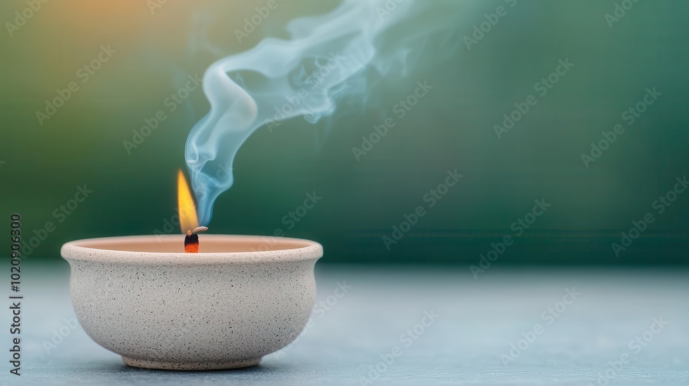 A candle flame with gentle smoke rising, blurred green background. A candle flame with gentle smoke rising, blurred green background.
