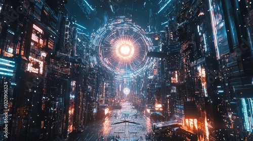 High-tech futuristic corridor with glowing lights and cybernetic structures