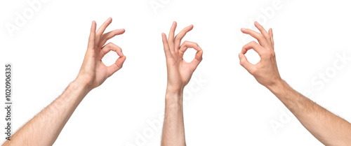 Male hands showing the OK gesture by joining the thumb and index finger in a circle, meaning agreement or approval, isolated on transparent background, png file