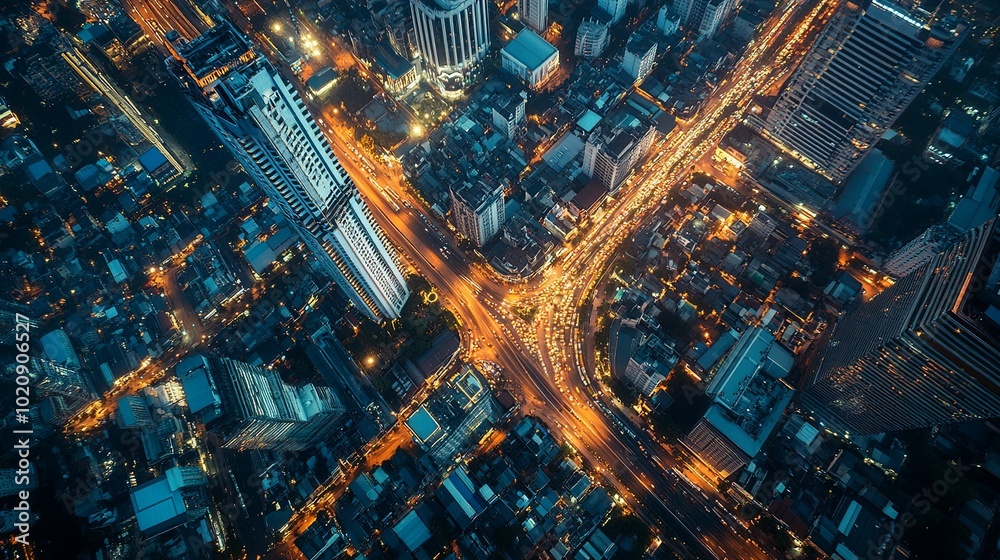 Aerial View of a Densely Populated City at Night with Illuminated Roads and Buildings Aerial View of a Densely Populated City at Night with Illuminated Roads and Buildings