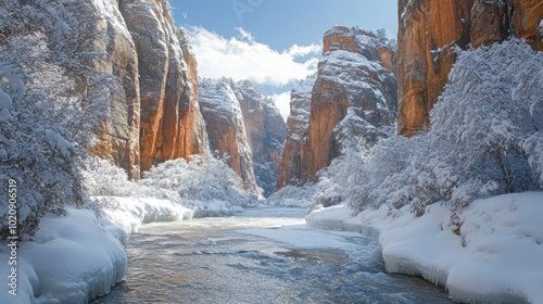 Serene Winter Wonderland: Snow-Covered Canyon and River