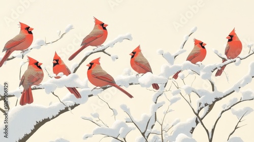 Vibrant Cardinals Perched on Snowy Branches in Winter Wonderland