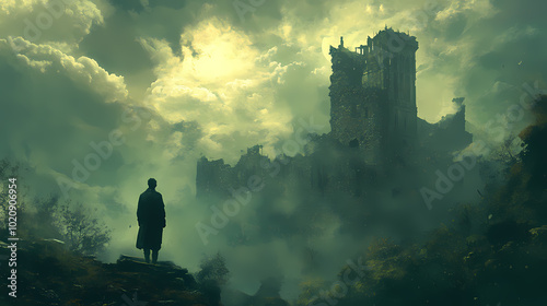 Man looking at the mysterious abandoned castle with a green sky in the background.