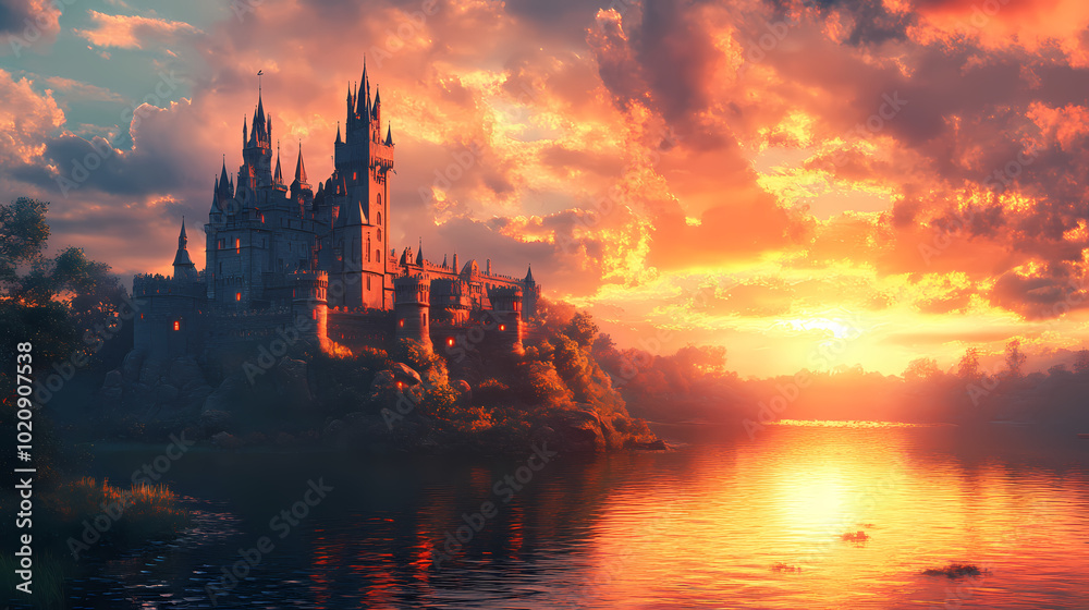 Naklejka premium old castle with fantasy sunset