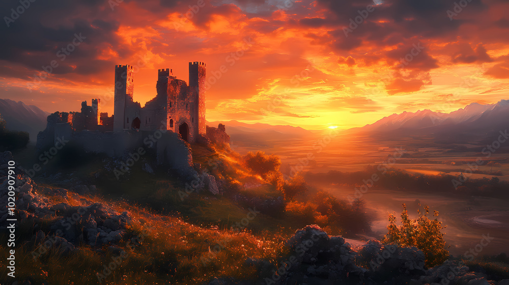 Obraz premium old castle with fantasy sunset