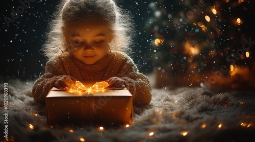 A child discovers a glowing gift box on a cozy winter evening by the Christmas tree