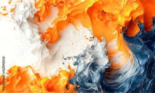 Peinture abstraite tricolore représentant des vagues et des éclaboussures