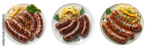 Grilled sausage plate set isolated on transparent PNG background perfect for food illustrations or restaurant-themed designs