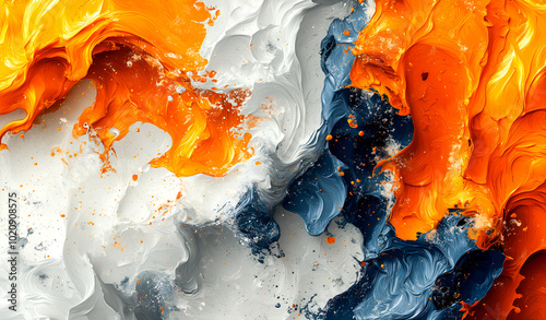 Peinture abstraite tricolore représentant des vagues et des éclaboussures