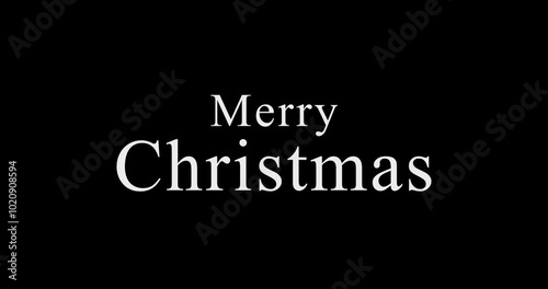 Merry Christmas title printed text of individual letters animated on black background. Sequentially printed holiday wish. Video 4K animation