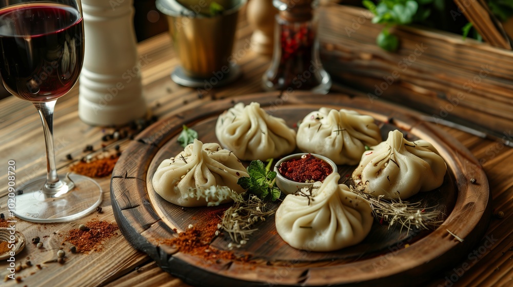 Georgian khinkali laid out on a wooden plate. Next to them is red hot sauce and fresh herbs, which creates an atmosphere of home comfort and a traditional feast. Georgian khinkali laid out on a wooden plate. Next to them is red hot sauce and fresh herbs, which creates an atmosphere of home comfort and a traditional feast.