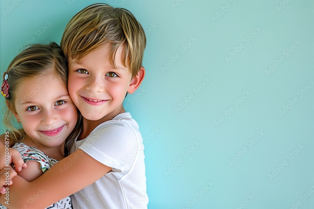 Portrait of two cute little girls hugging each other on blue background