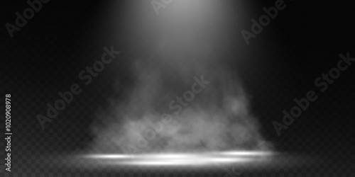 Dark stage on transparent background, white light from spotlight, empty dark stage and studio room with floating smoke. For product demonstrations.	