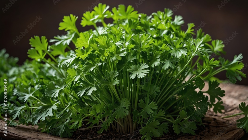 Close-up of parsley on a wooden table Close-up of parsley on a wooden table