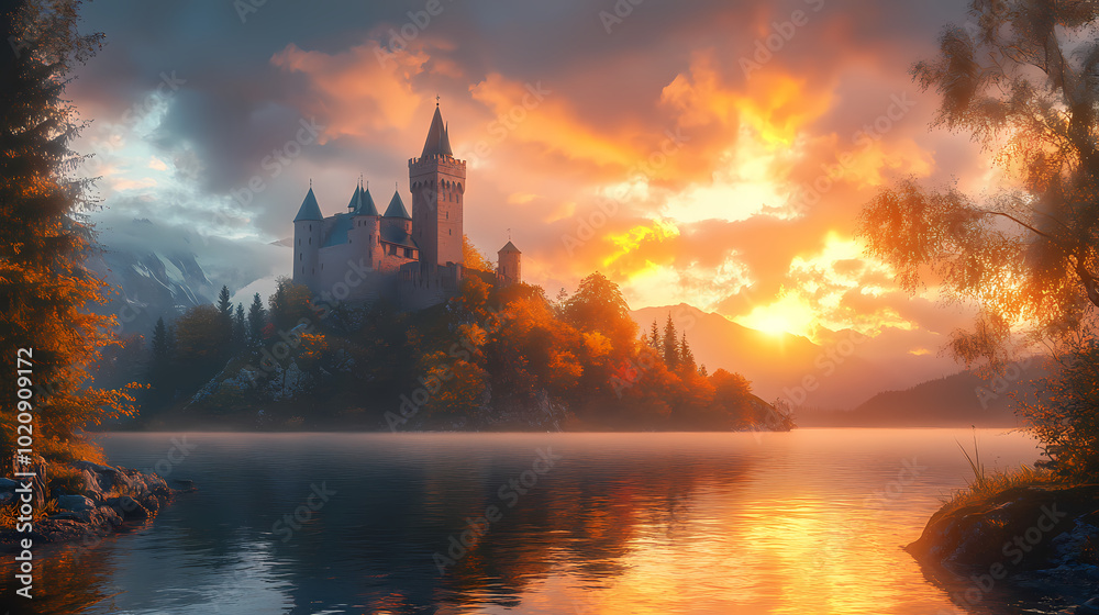 Fototapeta premium old castle with fantasy sunset