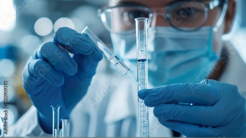 A scientist is holding a test tube filled with a clear liquid. Concept of precision and focus, as the scientist carefully handles the test tube 