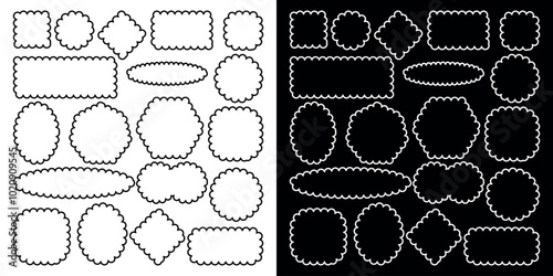 Scallop edge lace frames and borders, frill ribbons and fabric ornament patterns. Collection of Scallop pattern frames. Vector illustration isolated on black and white background.