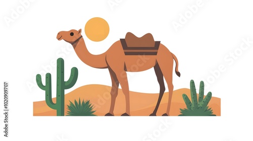 A simple, flat illustration of a desert scene with cacti and camels, a setting sun in the background, in a minimalist style