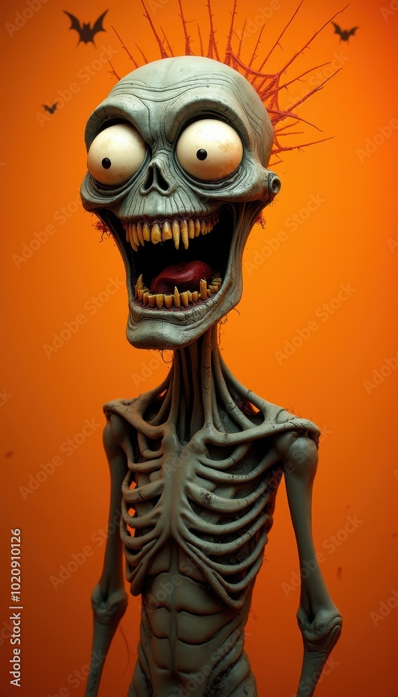Funny zombie with bugged-out eyes and wide grin on orange background with cobwebs. Funny zombie with bugged-out eyes and wide grin on orange background with cobwebs.