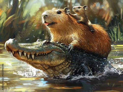 Capybara and Alligator in Water