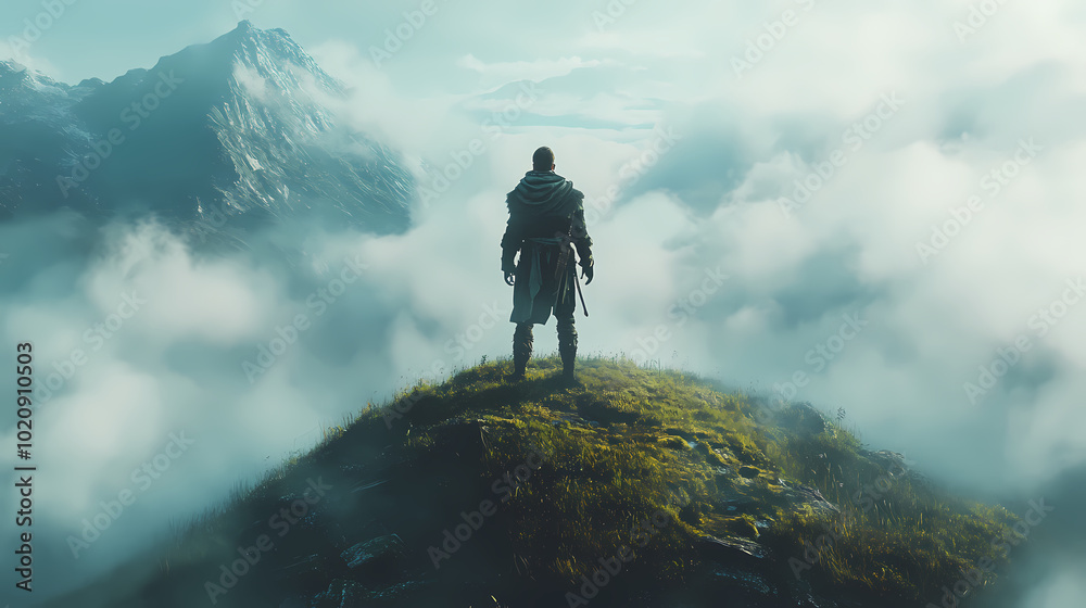 warrior or man standing on fantasy hill warrior or man standing on fantasy hill