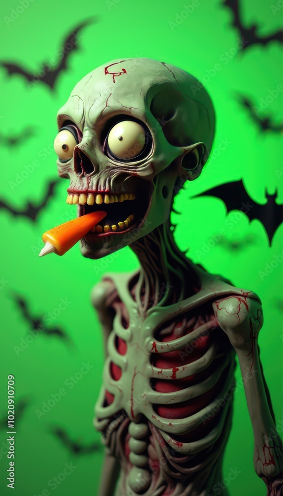 Zombie with shocked expression holding candy corn, on neon green background with bats flying. Zombie with shocked expression holding candy corn, on neon green background with bats flying.