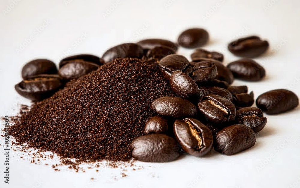 Freshly ground coffee and whole beans arranged on a white surface showcasing rich textures and aromas Freshly ground coffee and whole beans arranged on a white surface showcasing rich textures and aromas
