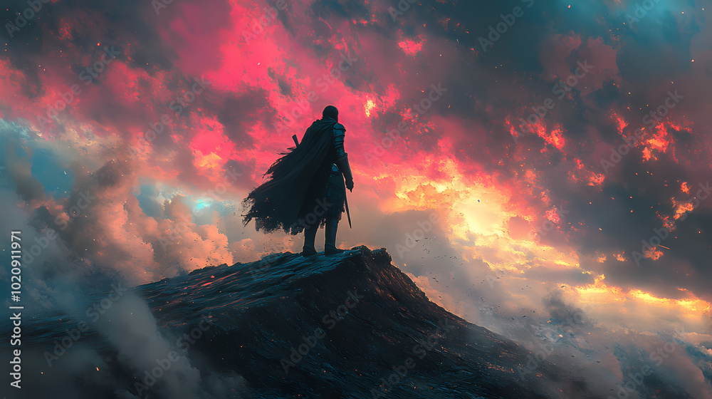 Fototapeta premium warrior or man standing on fantasy hill