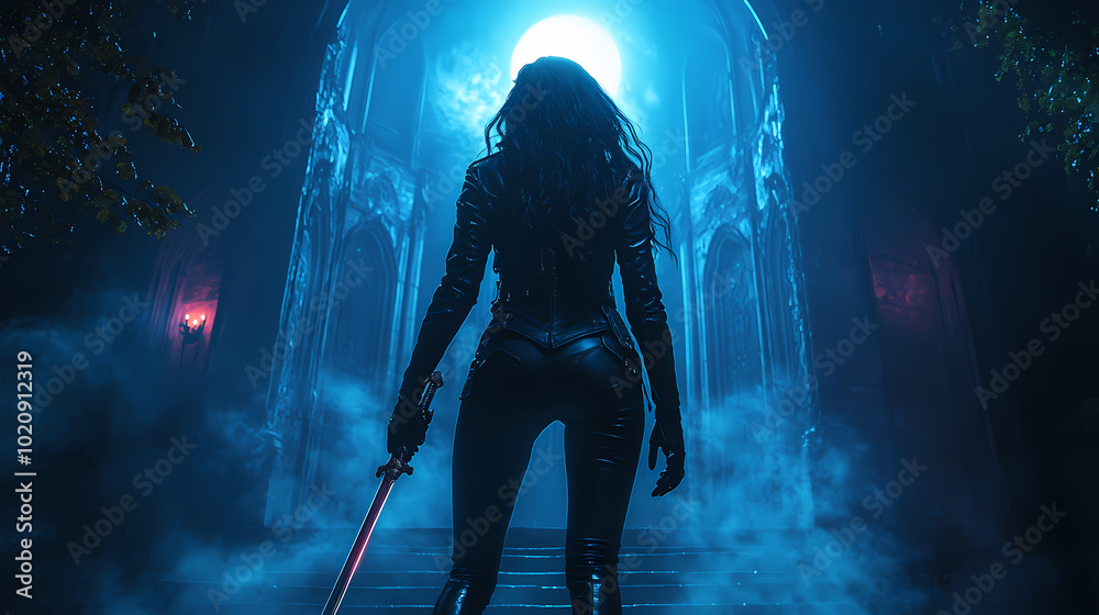 Obraz premium An elegant vampire hunter girl stands at the entrance of a huge Gothic estate lit by a bright full moon in a leather suit and magic saber