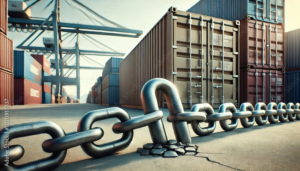 Naklejka premium Strong Metal Chain Breaking Concrete at Shipping Container Port