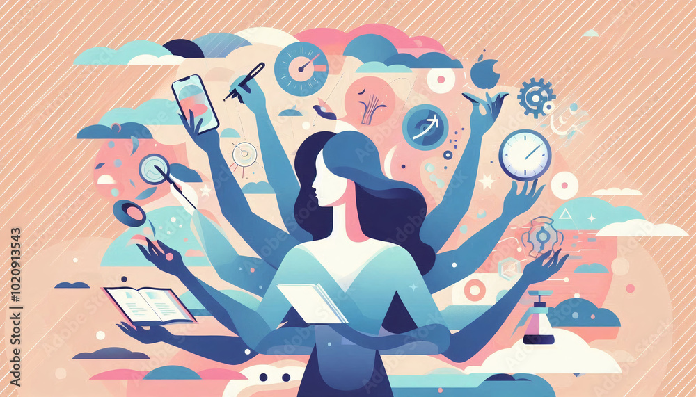 Abstract illustration of a woman multitasking with multiple arms holding different objects, representing productivity and efficiency Abstract illustration of a woman multitasking with multiple arms holding different objects, representing productivity and efficiency