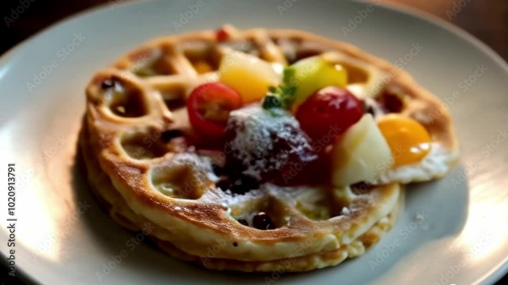 waffle with fruit topping and a little sugar waffle with fruit topping and a little sugar