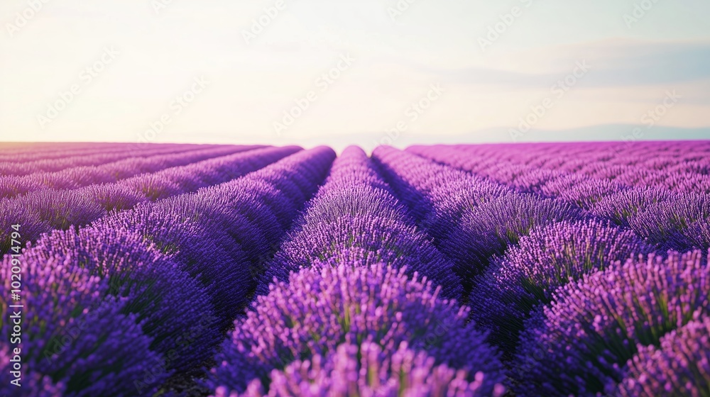 Obraz premium Expansive lavender field blooming under a clear sky at dusk, showcasing vibrant purple rows and a tranquil landscape