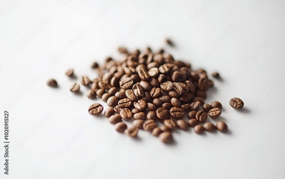 Coffee beans scattered on a clean surface, showcasing their rich brown color and natural texture in soft morning light Coffee beans scattered on a clean surface, showcasing their rich brown color and natural texture in soft morning light