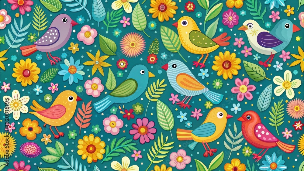 Fototapeta premium Seamless pattern featuring colorful birds and flowers, birds, flowers, seamless, pattern, nature, wildlife, vibrant, design