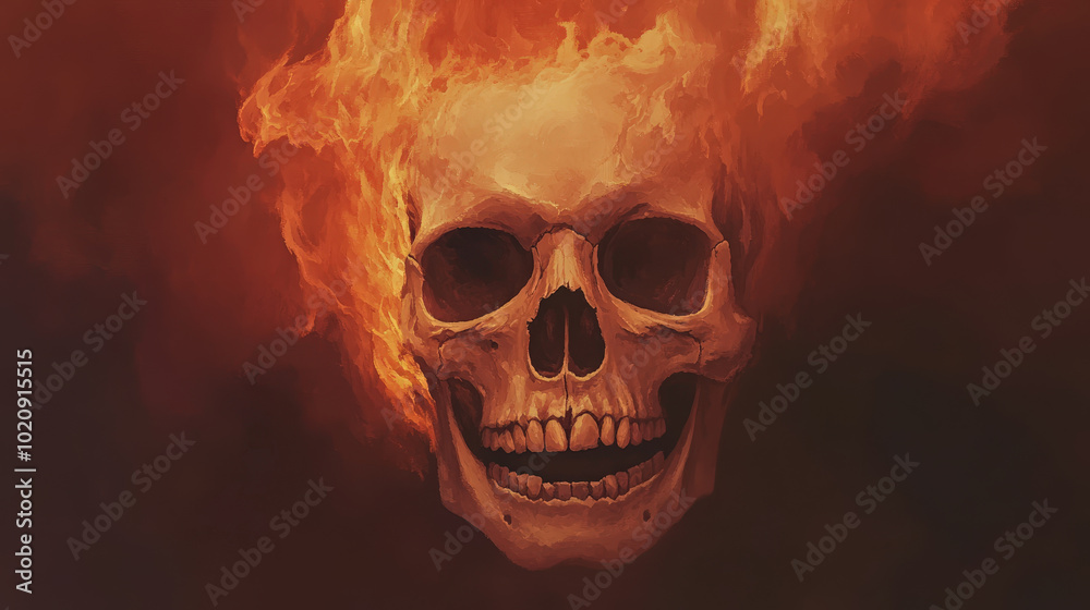 Dark Gothic Skull Illustration with Fiery Background