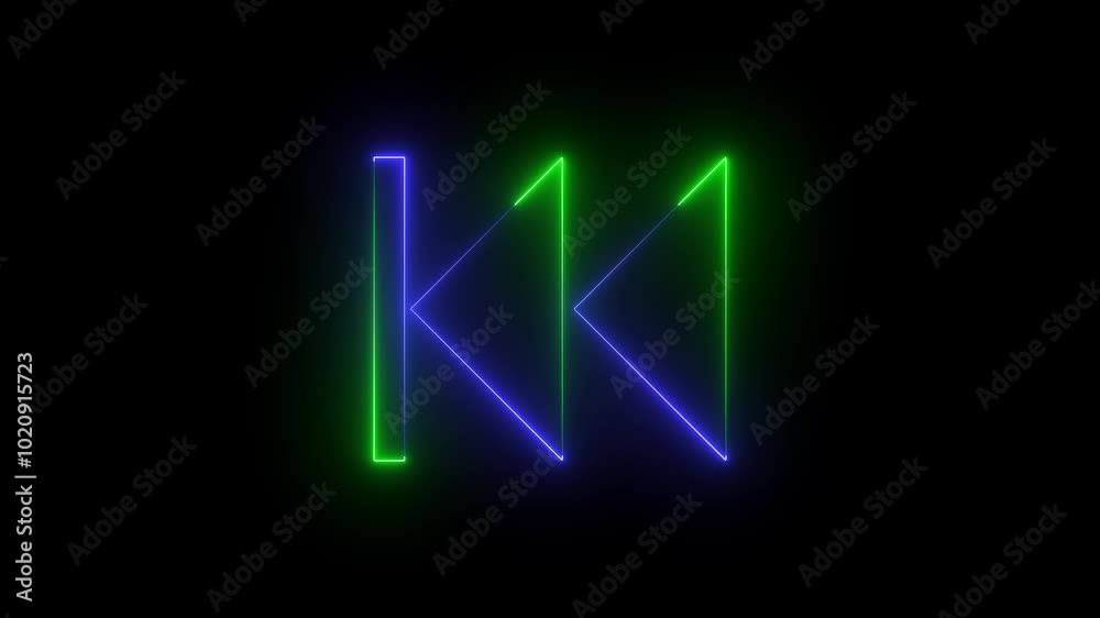 Player icon animation in back space by neon on Music timeline or video track player icon. Music arrow button symbol on black background Player icon animation in back space by neon on Music timeline or video track player icon. Music arrow button symbol on black background