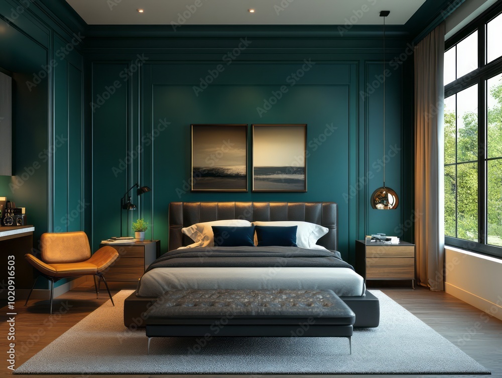 A modern man room with white walls, charcoal bedding, and clean lines for a sleek design A modern man room with white walls, charcoal bedding, and clean lines for a sleek design