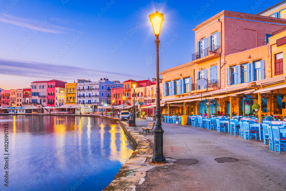 Crete, Greek Islands.. Beautiful Greece and best scenic places - Chania, panorama of picturesque old Venetian Harbor.