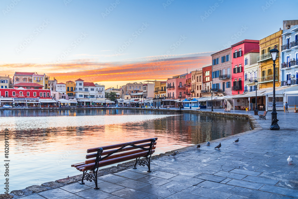 Chania, Crete. Beautiful Greece and best scenic places - panorama of picturesque old Venetian Harbor in town of Chania.